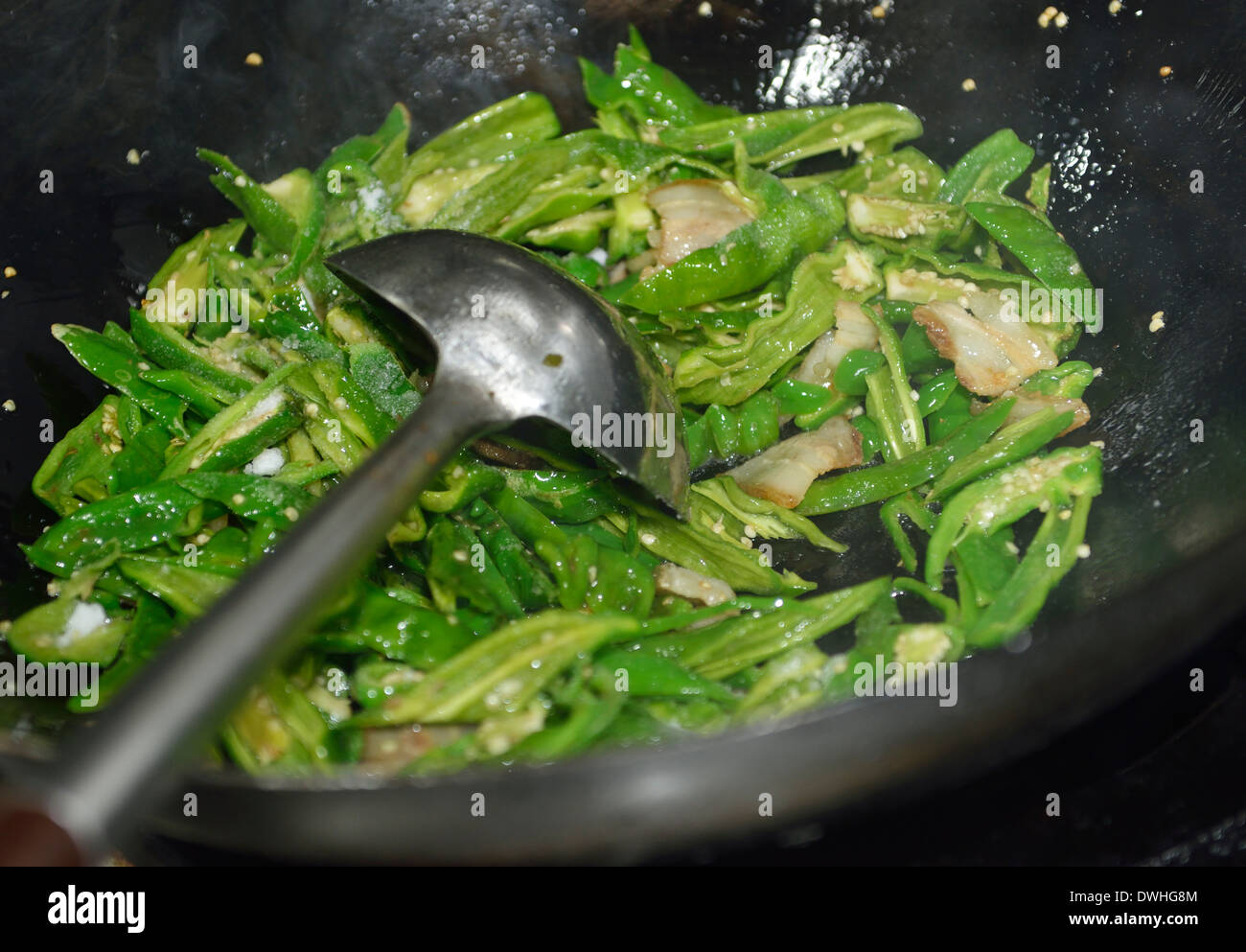 Chilli Pork cooked in a restaurant in Changsha, Hunan province, China. Stock Photo