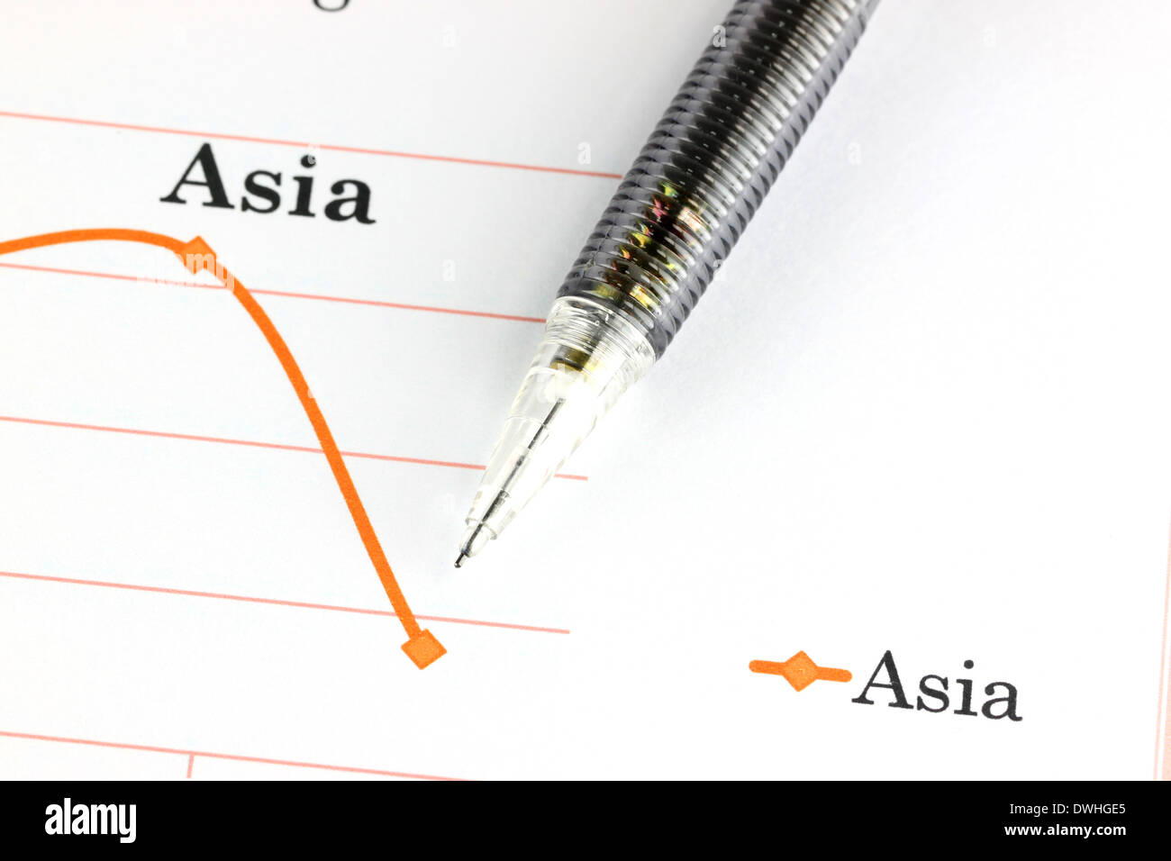 Focus Mechanical pencil point to dot on Asia graph. Stock Photo