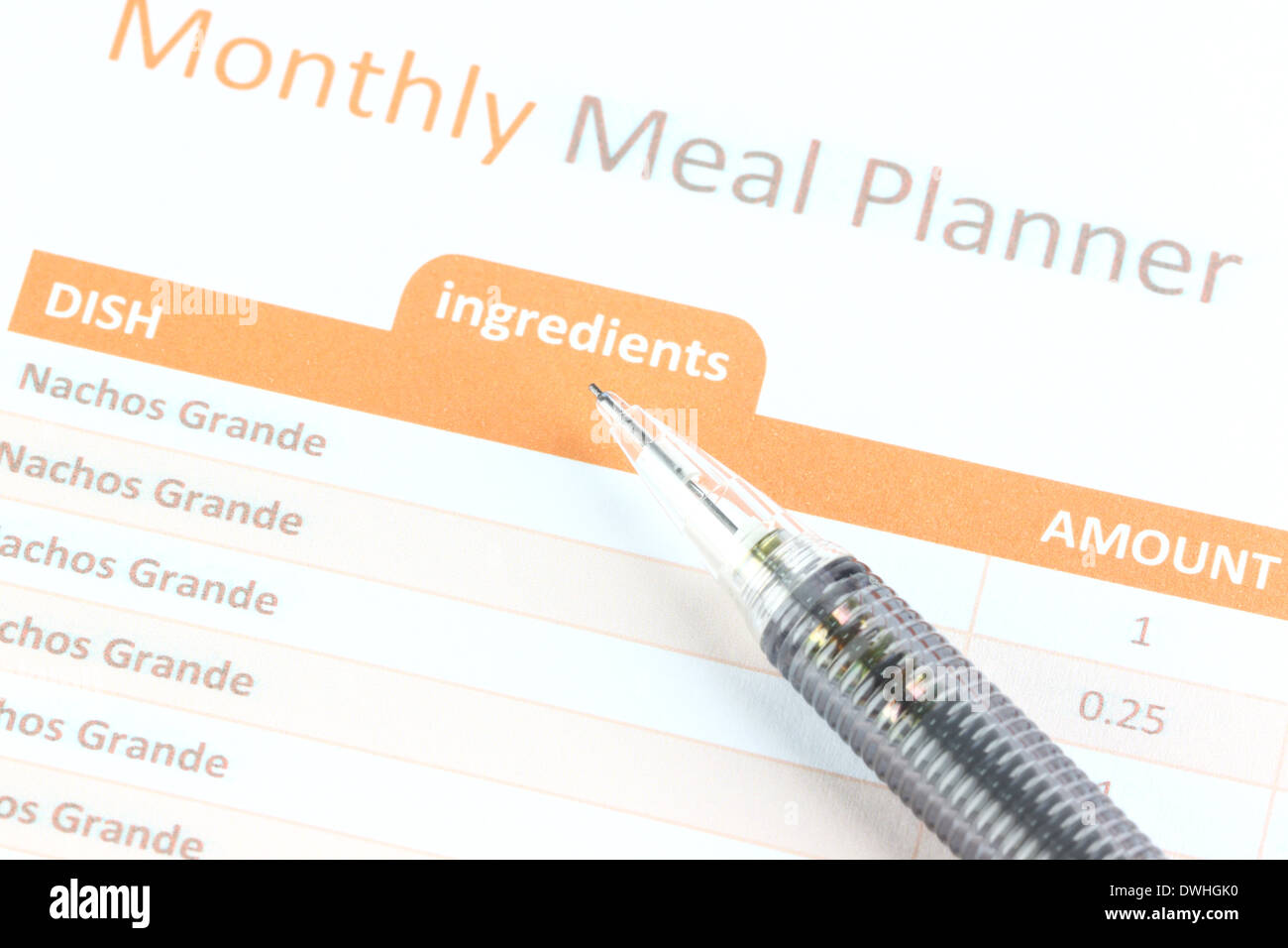 Closeup Mechanical pencil point to Meal Planner graph. Stock Photo