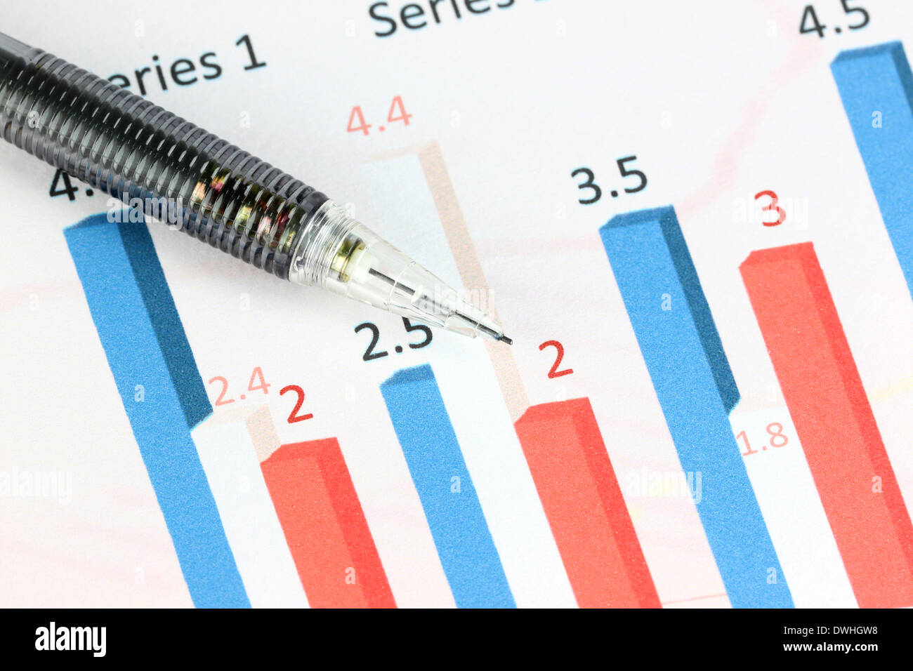 Closeup Mechanical pencil point to Numbers text on color bar graph. Stock Photo