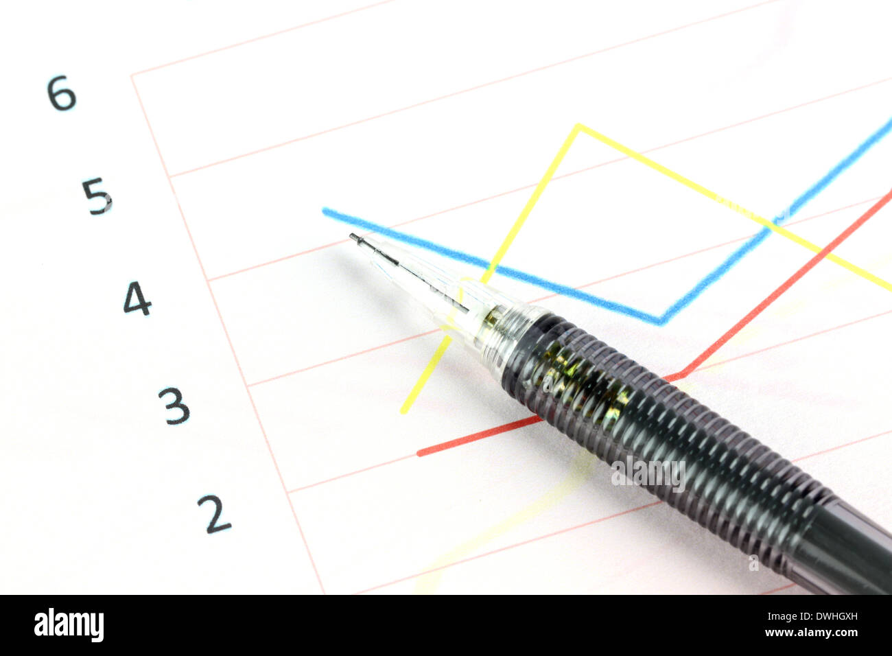 Closeup Mechanical pencil point to point on line graphs. Stock Photo