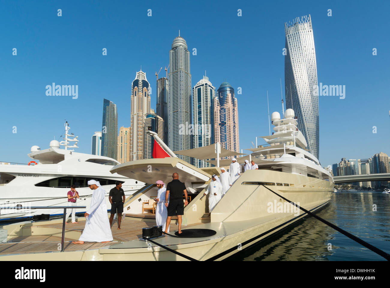 Visitors on board a superyacht at Dubai International Boat Show 2014 United Arab Emirates Stock Photo