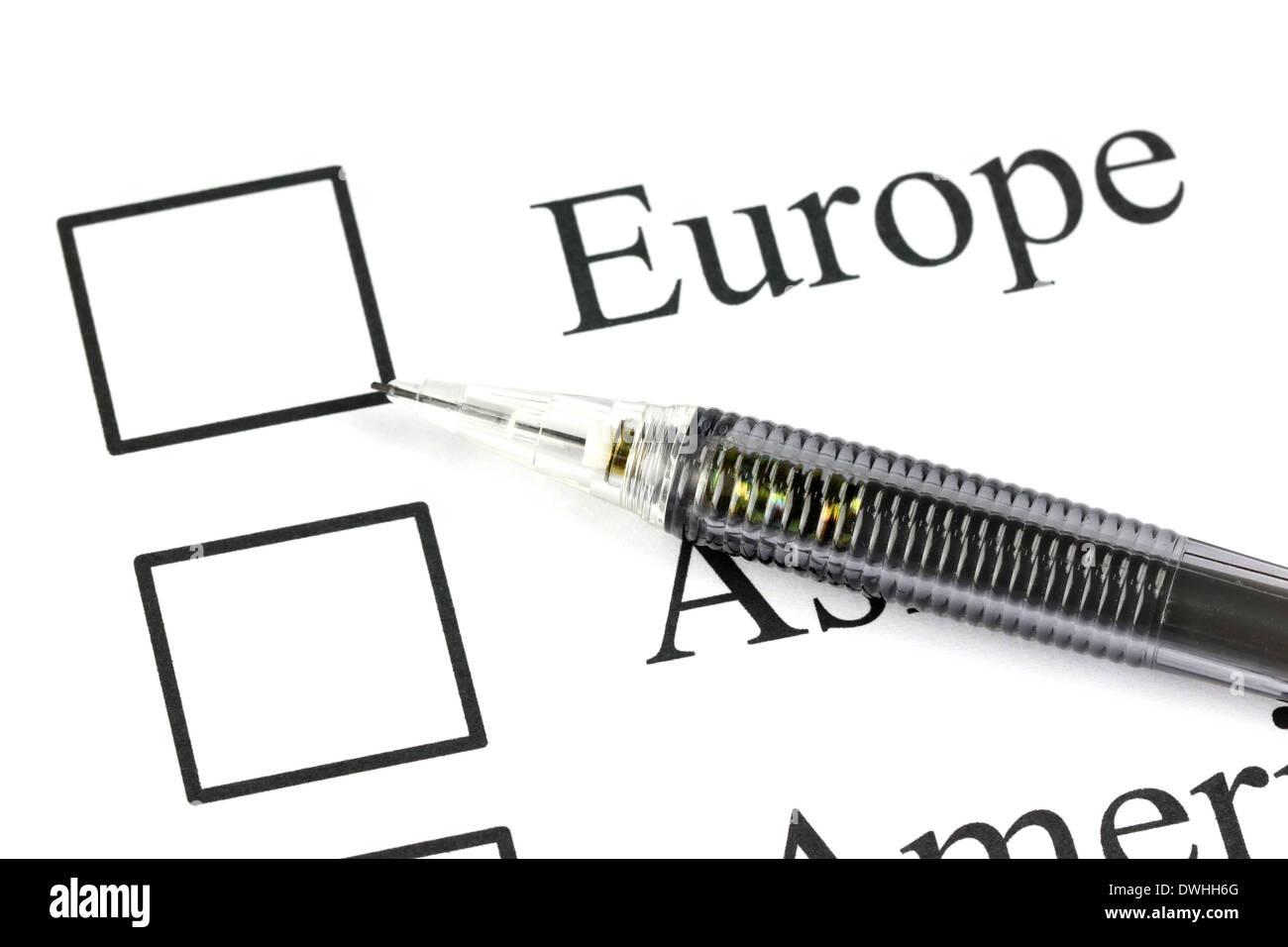 Closeup Mechanical pencil point to Checkbox in Europe text. Stock Photo