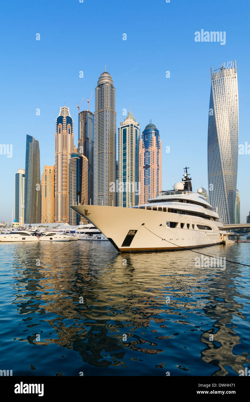 Superyacht and skyline at Dubai International Boat Show 2014 United Arab Emirates Stock Photo