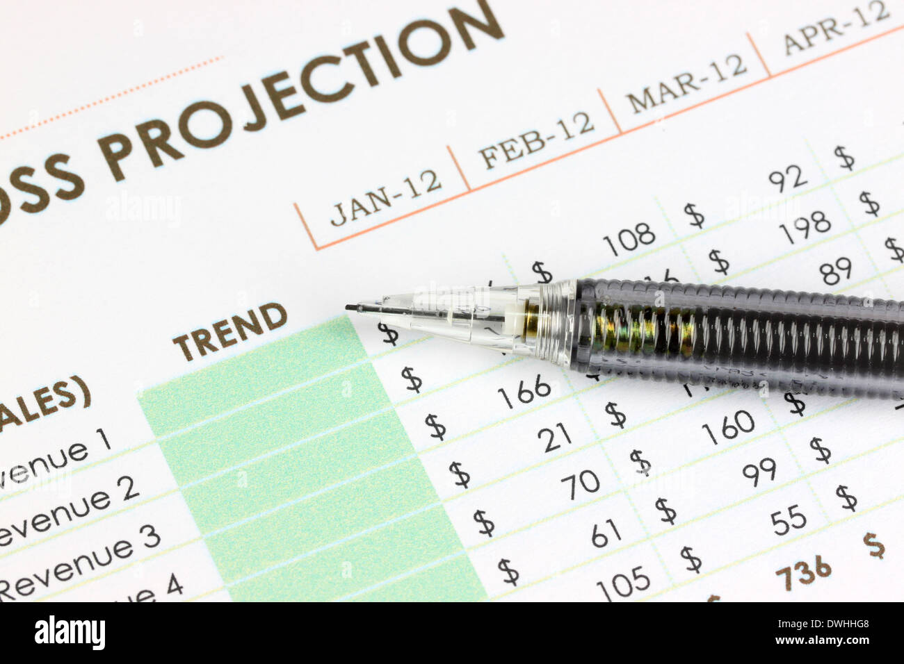 Closeup Mechanical pencil point to Trend text on business graph. Stock Photo