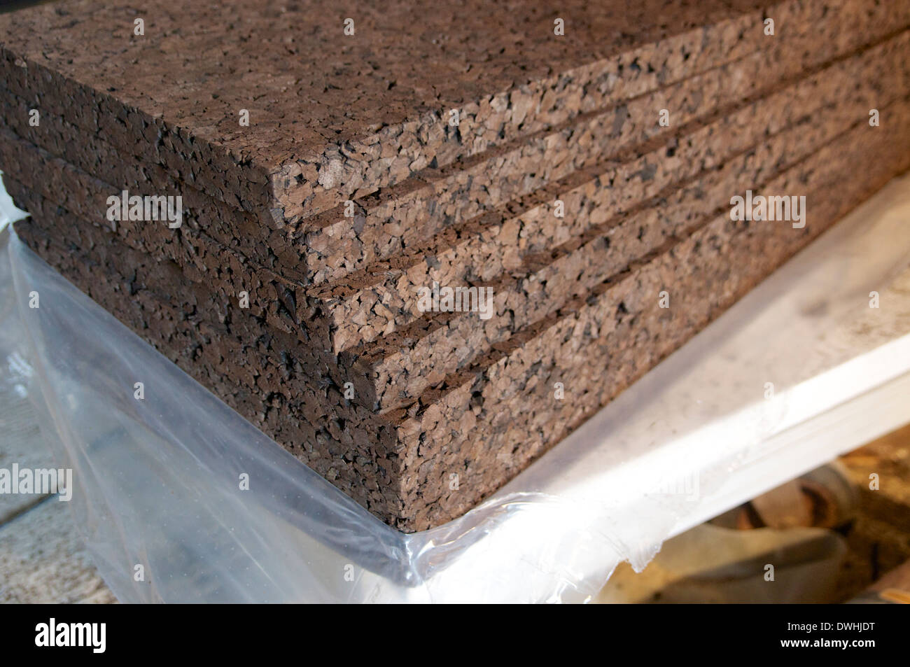 4 cm boards of expanded cork for the floor insulation on a construction site. Stock Photo