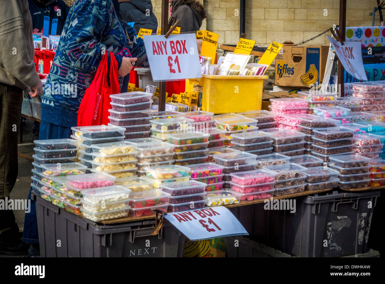 Sugary sweets available for sale at cheap prices on market stall leading to obesity and diabetes Stock Photo