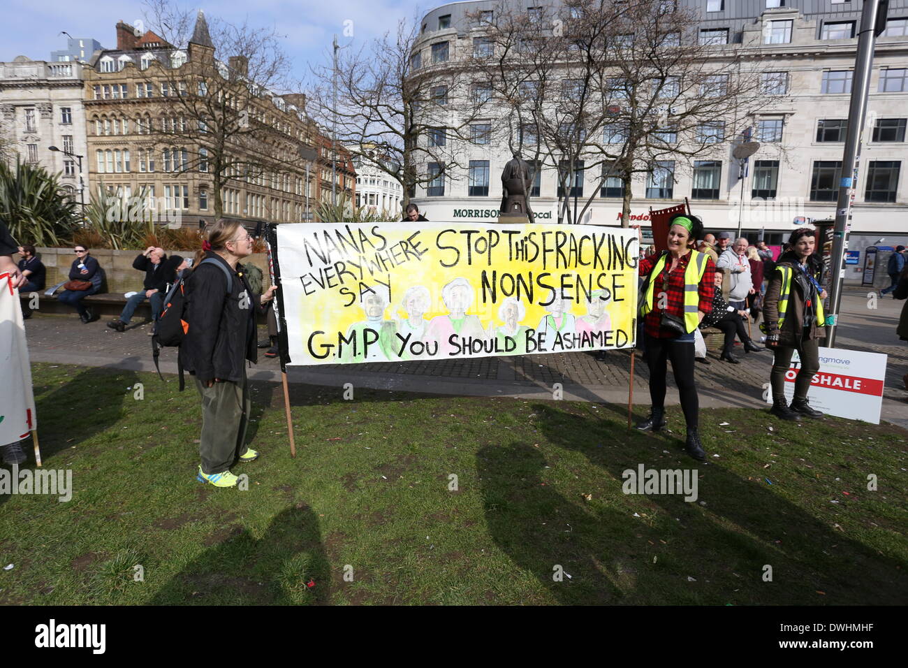 Manchester, UK. 9th March, 2014. Around 1000 people marched through Manchester city centre  against the controversial method of hydraulic fracturing, a process designed to extract gas from tight geology. The demonstration, organised by Frack Free Greater Manchester (FFGM) was called to oppose fracking in Greater Manchester, or anywhere else, and was as a message of solidatity with the campers at Barton Moss in Salford, where drilling began in October 2013. The land owner at Barton Moss recently started court action to evict the camp. Credit:  Christopher Middleton/Alamy Live News Stock Photo