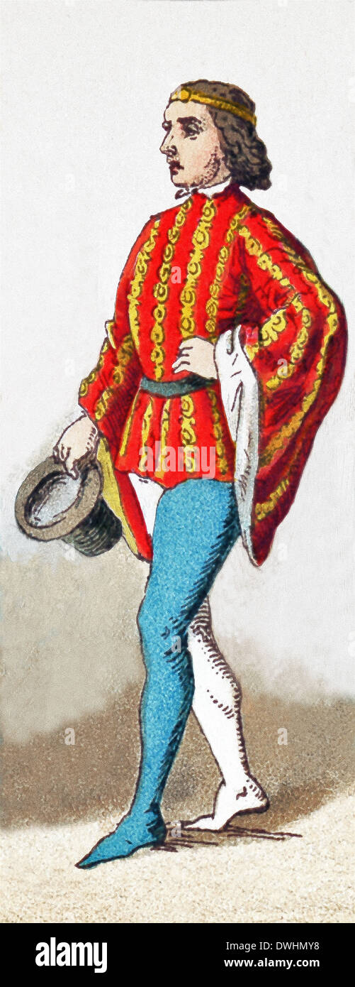 The figure represented here is an English man of rank in 1377. The illustration dates to 1882. Stock Photo
