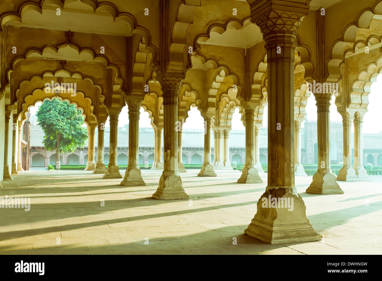 Gallery of pillars at Agra Fort. Agra, Uttar Pradesh, India Stock Photo