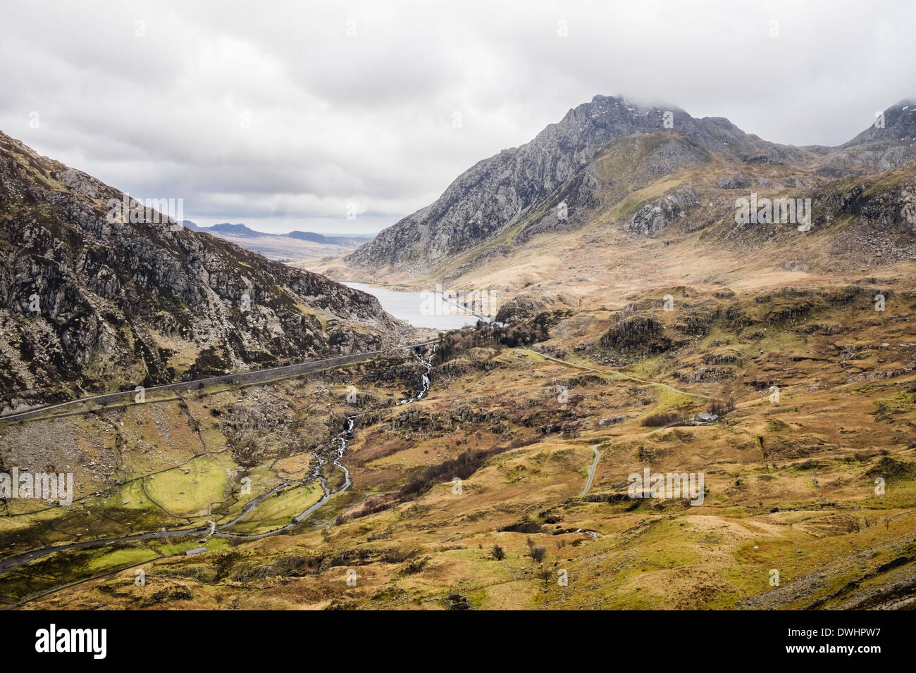 View east to Ogwen and Tryfan from lower slopes of Y Garn above Nant