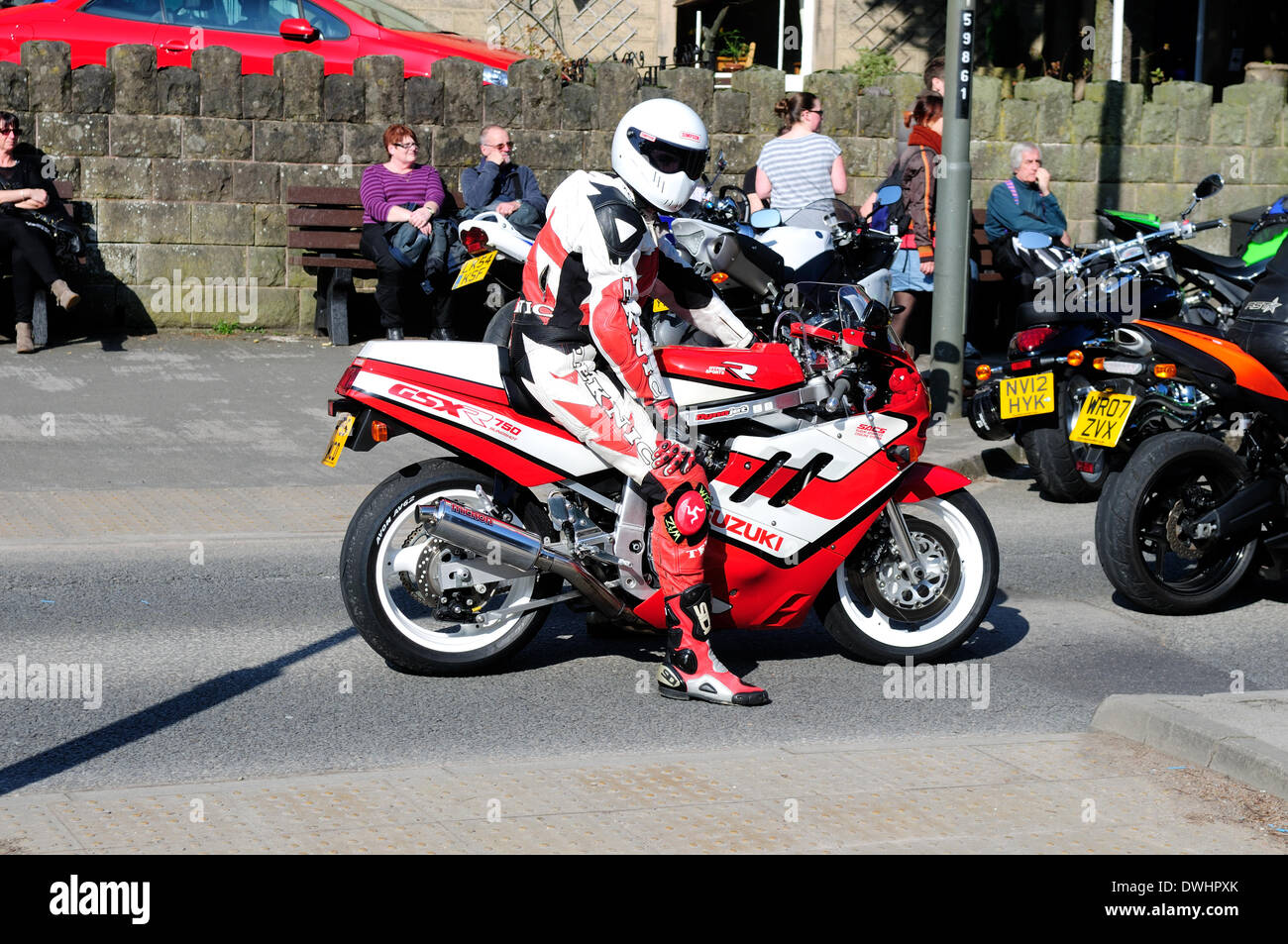Matlock Bath,Derbyshire,UK, 9th March 2014. Tourist and bikers alike enjoy the early warm spring sunshine,with temperatures reaching 17c  .Cafes ,pubs and the roads where all jamed packed with daytrippers. Stock Photo