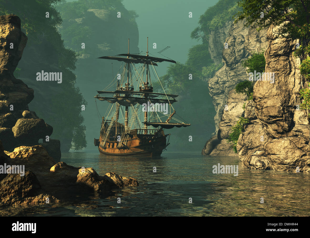 a sailing ship of the 16th Century anchored between high rocks in shallow waters, 3d computer graphics Stock Photo