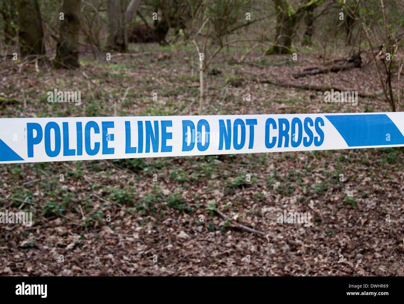 Blue and white police tape marking off a suspected crime scene in a