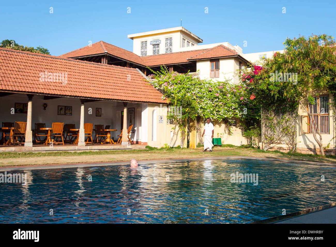 India , Tamil Nadu , Chettinad , Karakaikudi , luxury boutique Hotel Visalam pool & lunch restaurant a Chettiar family home Stock Photo