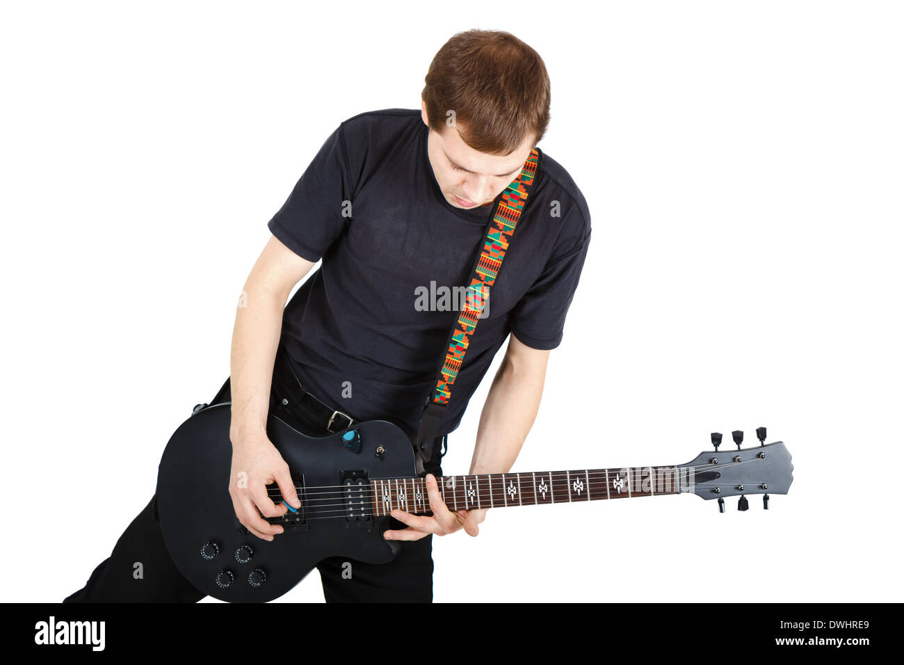 Man in black clothes with an electric guitar Stock Photo