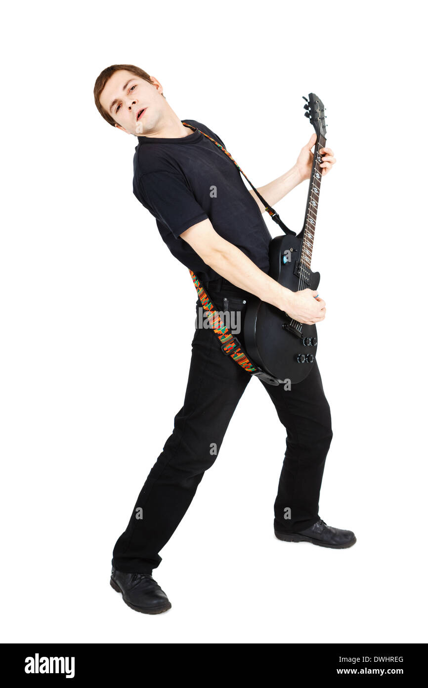 Man in black clothes with an electric guitar Stock Photo
