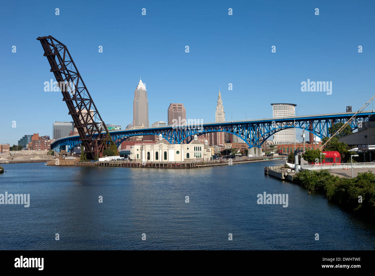 View of Cleveland, Ohio Main Avenue Bridge and the 'Flats' entertainment district and Cuyahoga River near Lake Erie. Stock Photo