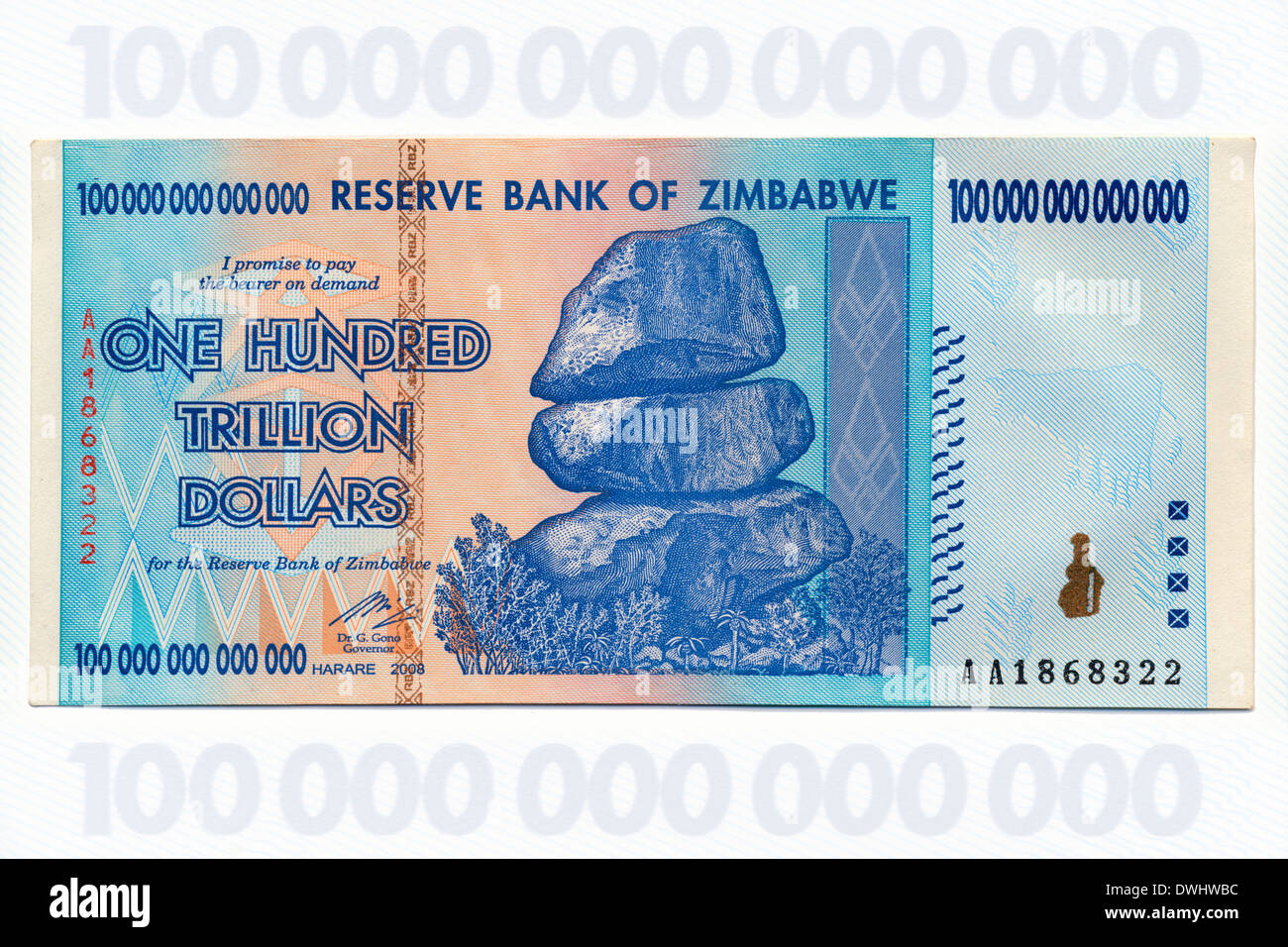 Hyperinflation - Zimbabwe. One Hundred Trillion Dollar Banknote Stock Photo