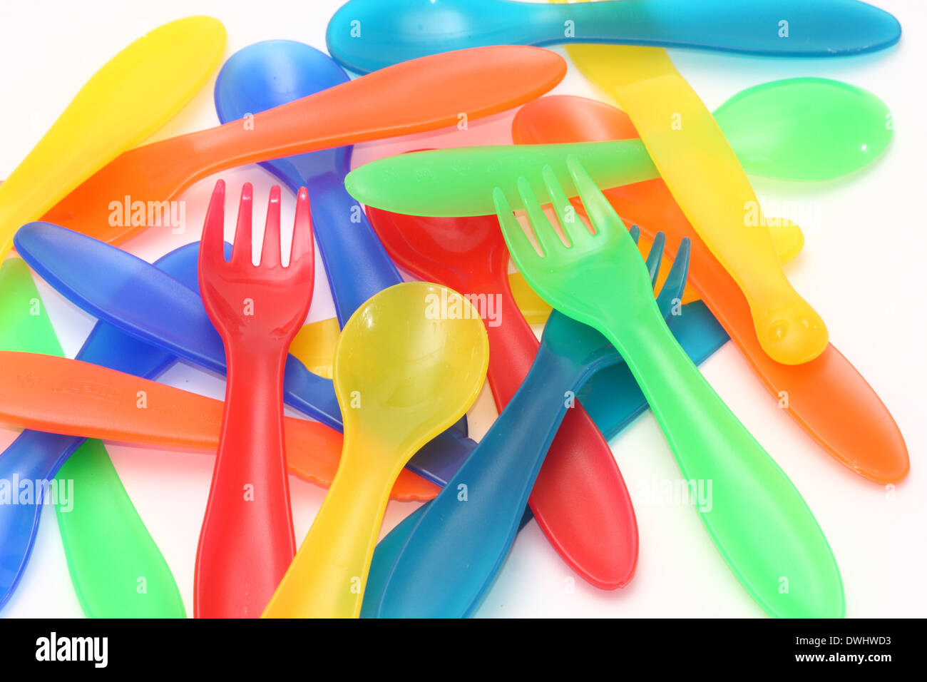 Coloured plastic cutlery Stock Photo