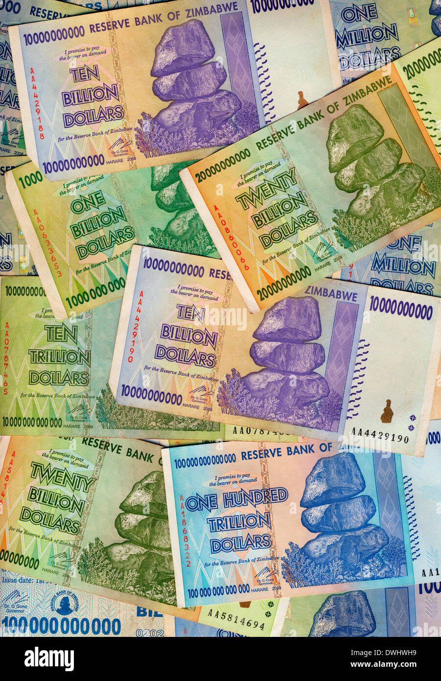 Banknotes of Zimbabwe including a banknote of one hundred trillion dollars Stock Photo