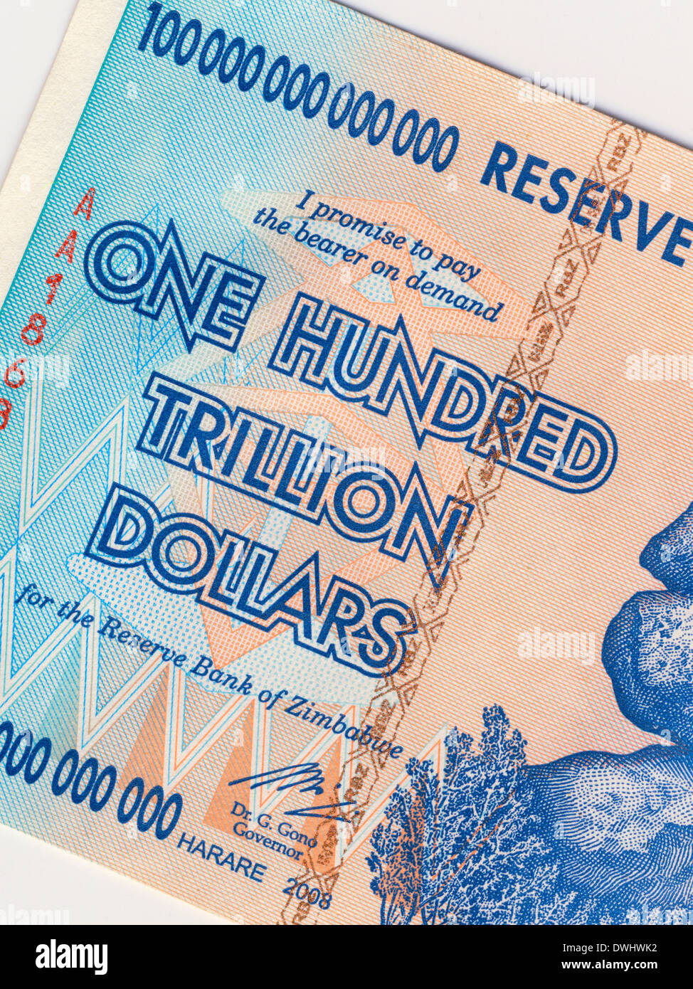 A banknote of one hundred trillion dollars, from Zimbabwe. Stock Photo