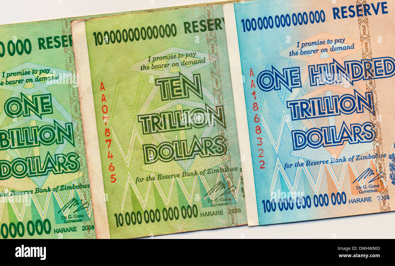 Banknotes of Zimbabwe including a banknote of one hundred trillion dollars Stock Photo