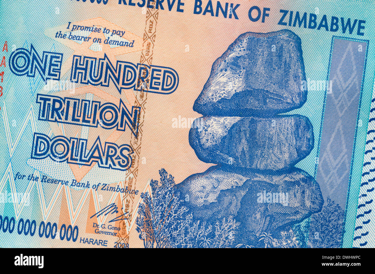 Banknote of Zimbabwe - One hundred trillion dollars Stock Photo