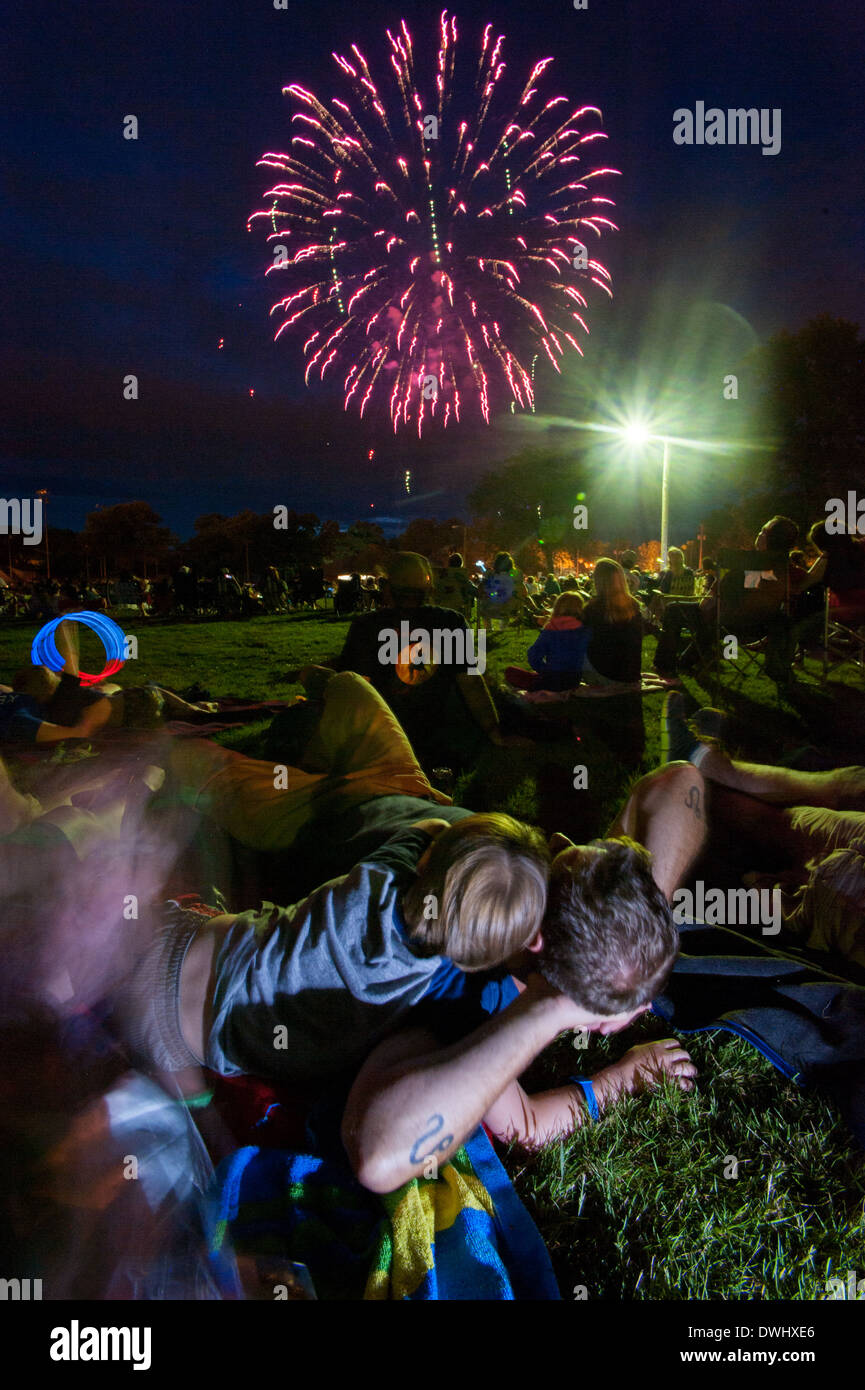 People watch fireworks display in Lakewood, OH. Stock Photo