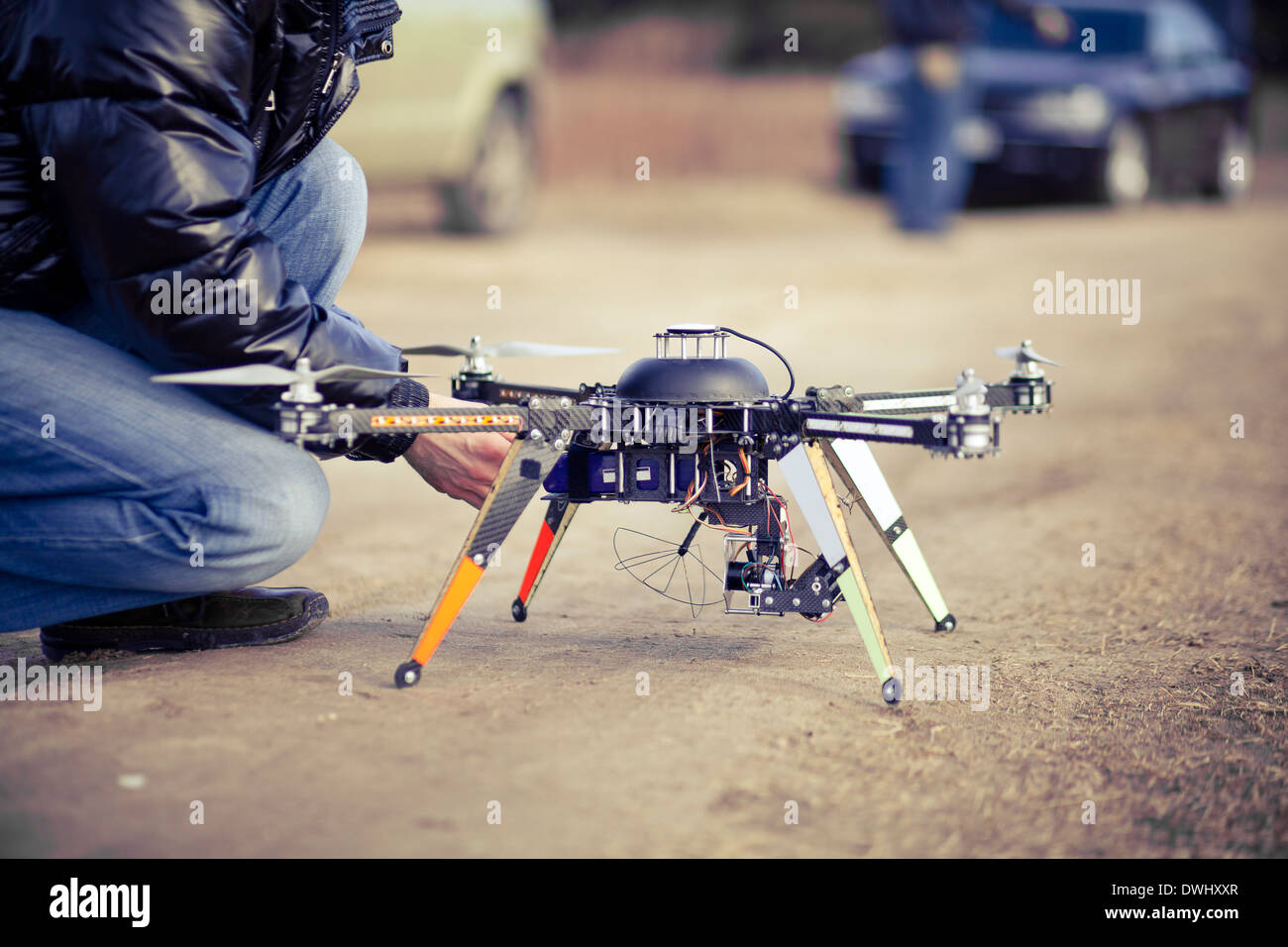 Quadrocopter drone ready to takeoff Stock Photo