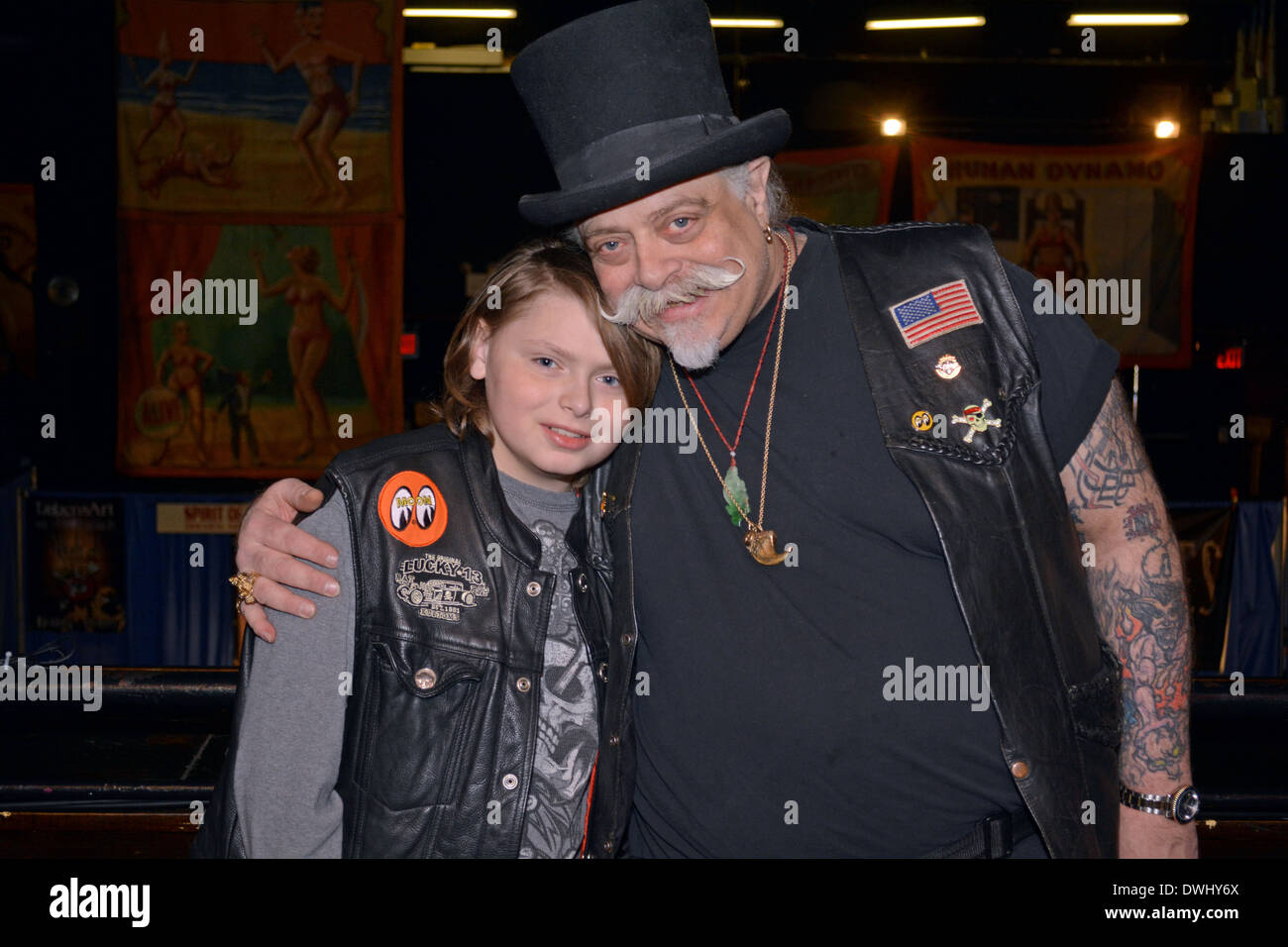 Portrait of tattoo artist Dozer and his son at the 17th New York City Tattoo Convention at the Roseland Ballroom Stock Photo