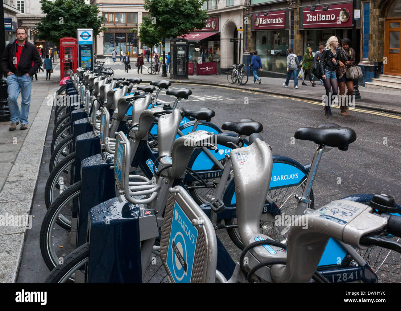 Row of 'Boris bikes' in London. Stock Photo