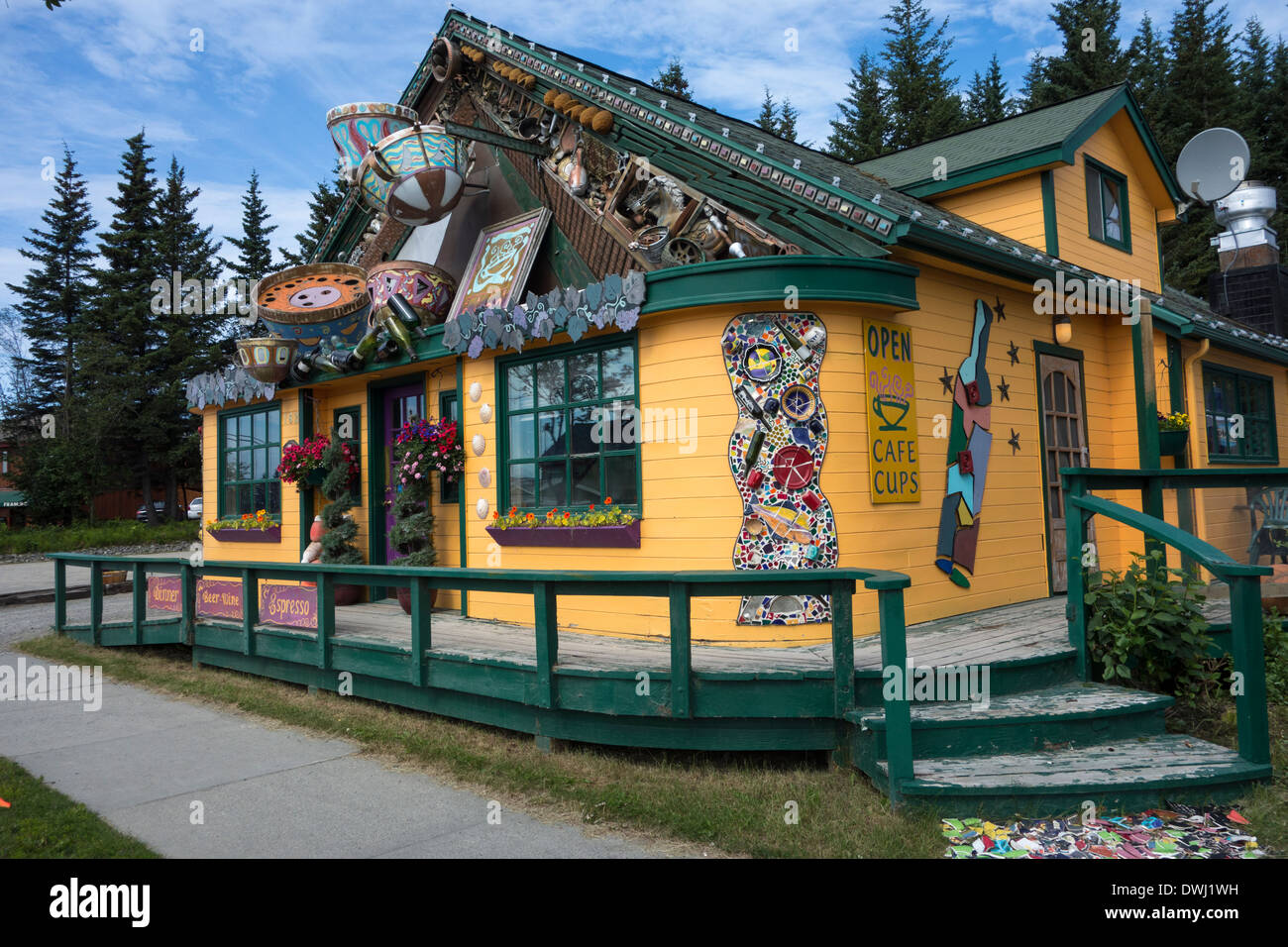 Unusual storefront of the charming Cafe Cups Restaurant, Homer, Alaska, USA Stock Photo