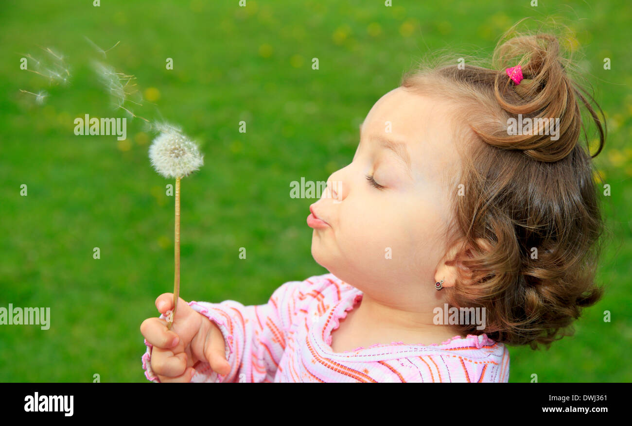 Spring fun, cute little girl blowing dandelion on the meadow Stock Photo