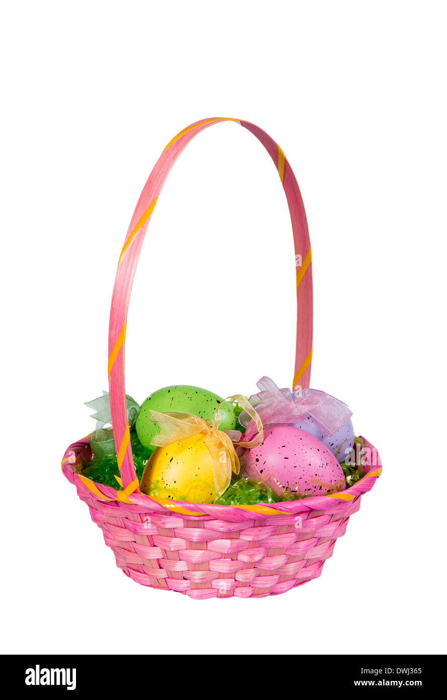 Pink Easter basket with colorful eggs isolated on white Stock Photo Alamy