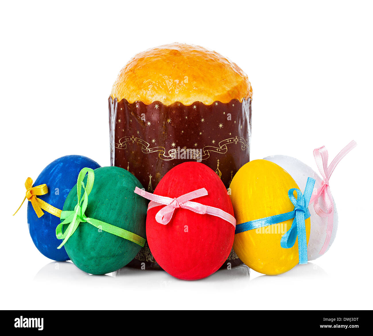 Easter cake and easter eggs isolated Stock Photo