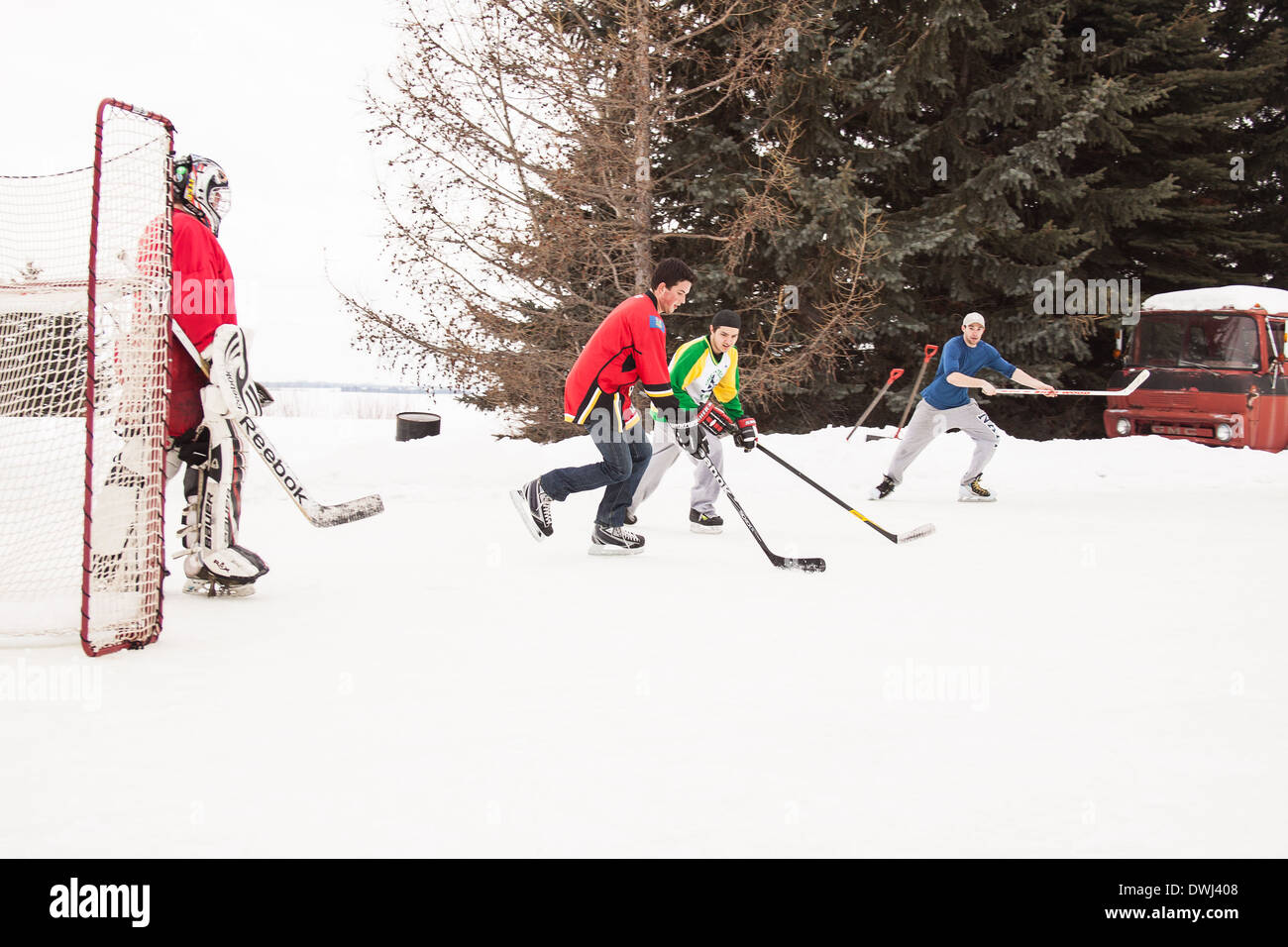 Outdoor Ice Hockey with friends. A friendly recreational game of hockey