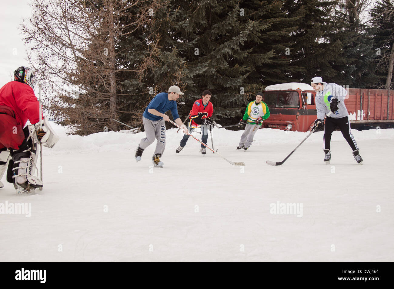 Outdoor Ice Hockey with friends. A friendly recreational game of hockey