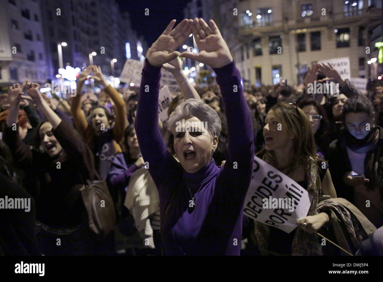 Madrid, Spain. 8th Mar, 2014. Protestors shout slogans during a protest against the Spanish government's plans to implement major restrictions on abortion in Madrid, Spain, March, Saturday, 8th, 2014. The reform of the abortion law and gender violence have led the massive marches held in a dozen cities in Spain to mark the International Women's Day, women collectives have also denounced the high pay gap between men and women and the elimination of social rights. © Rodrigo Garcia/NurPhoto/ZUMAPRESS.com/Alamy Live News Stock Photo