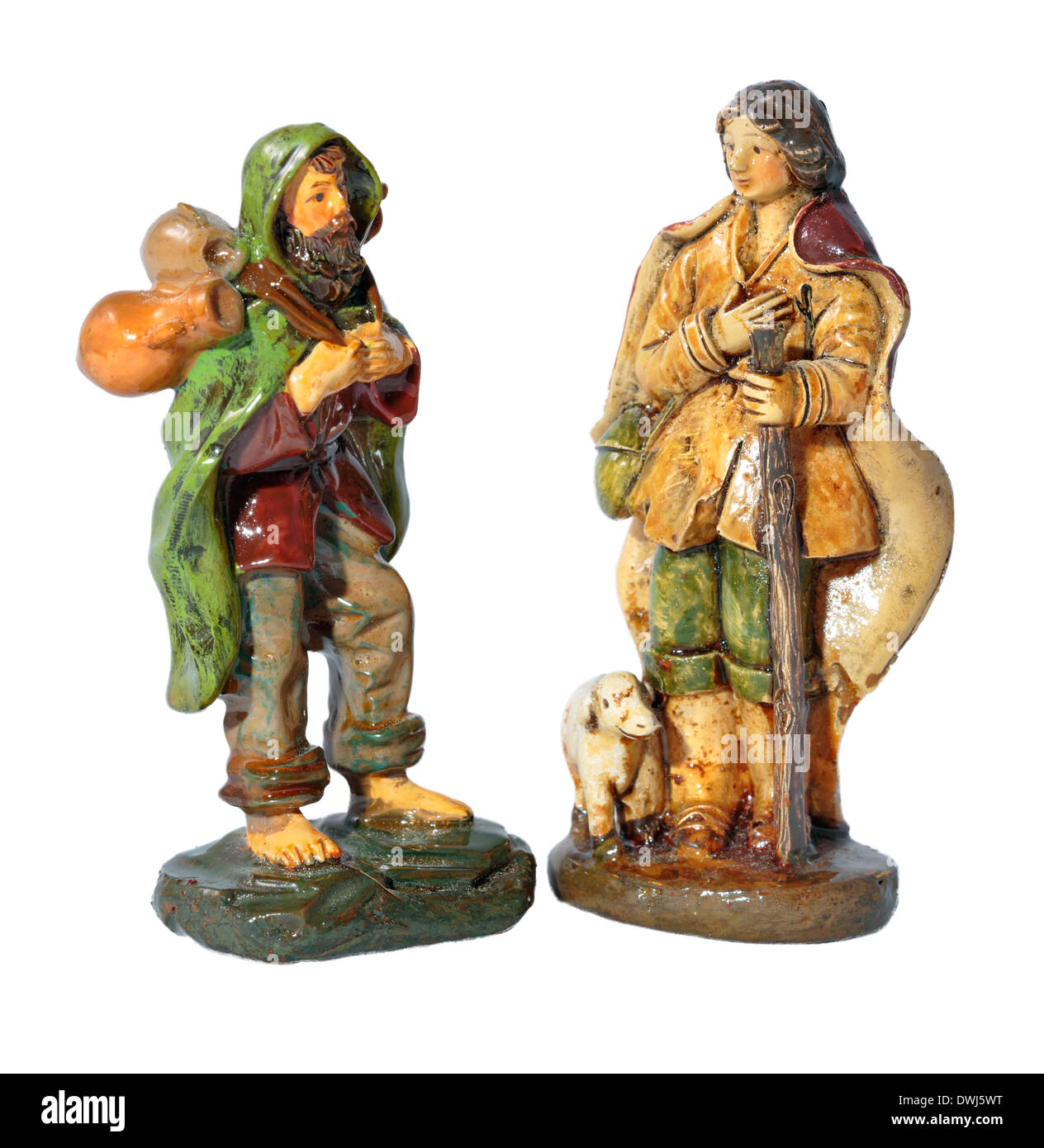 Shepherd and peasant, Christmas terra cotta figurine (presepi), Naples, Italy, on white background Stock Photo