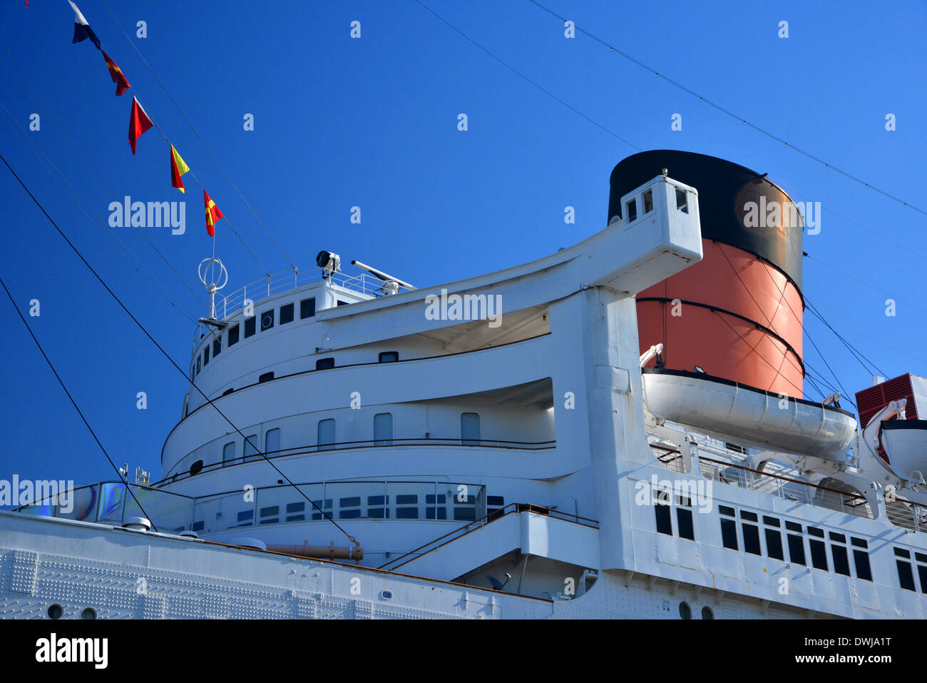 Bridge and funnel detail of the Queen Mary, 1936 art deco Cunard ocean liner Stock Photo Alamy