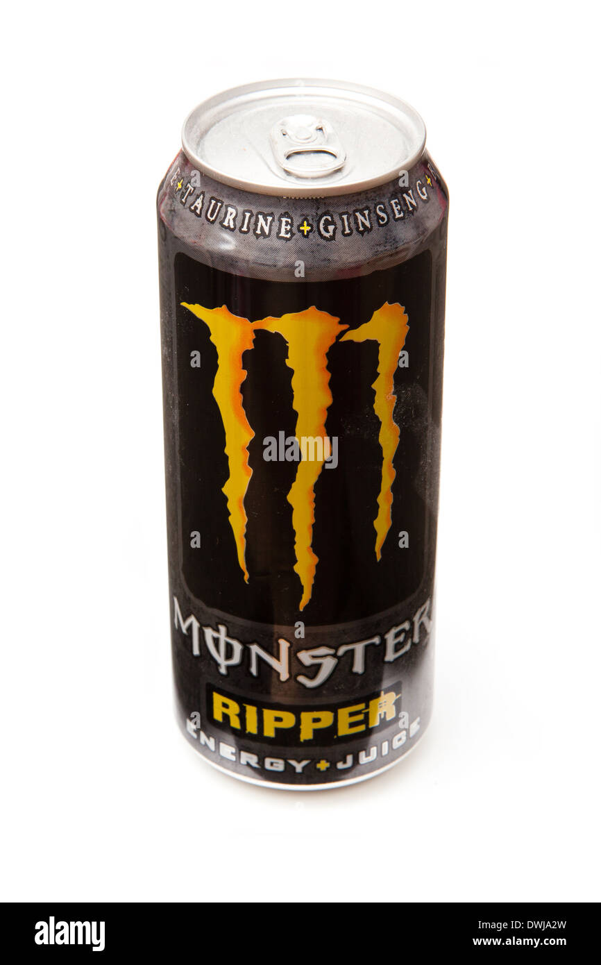 Can of monster Ripper energy drink isolated on a white studio background. Stock Photo