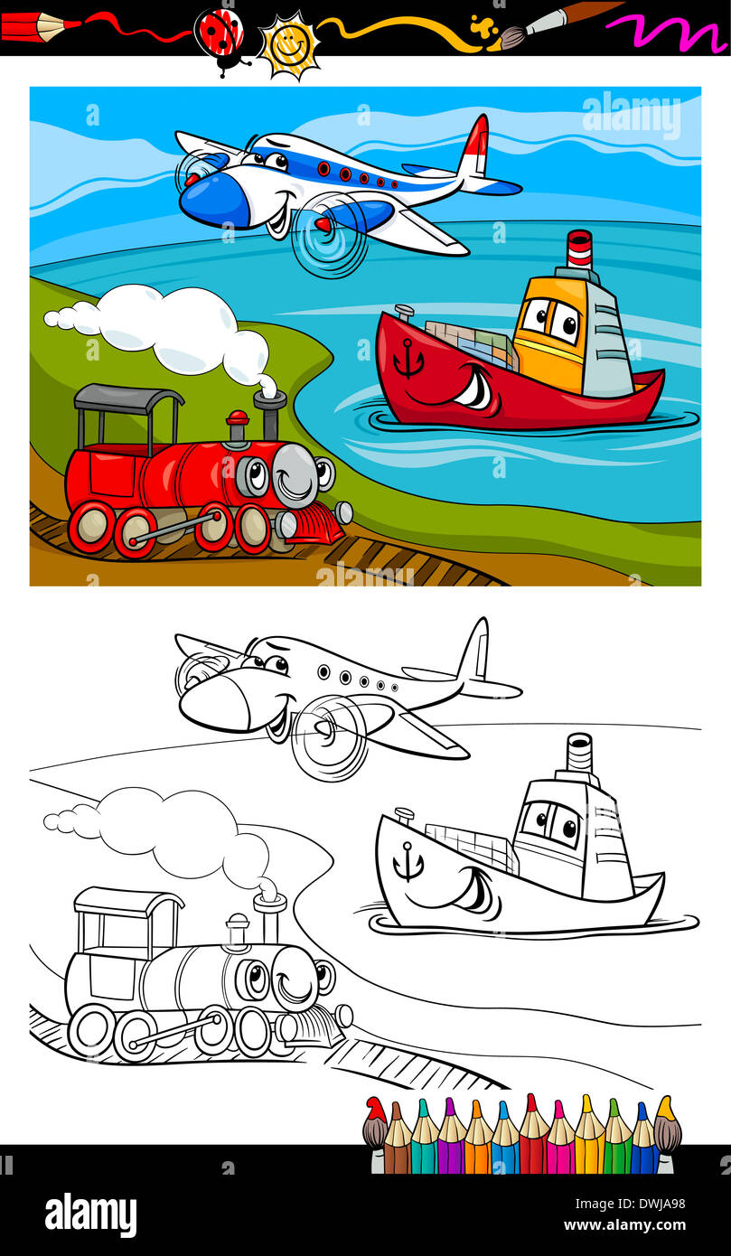 Coloring Book or Page Cartoon Illustration of Cute Plane and Train Coloring Book or Page Cartoon Illustration of Cute Plane and Train