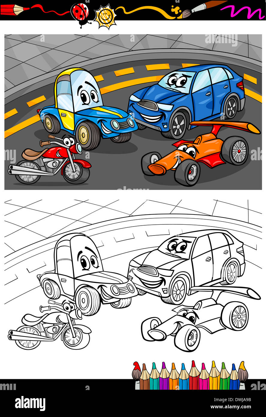 Coloring Book or Page Cartoon Illustration of Funny Cars and Vehicles Comic Characters for Children Stock Photo