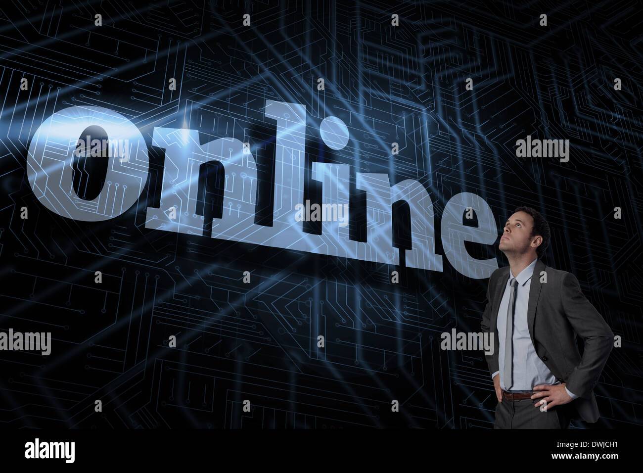 Online against futuristic black and blue background Stock Photo - Alamy