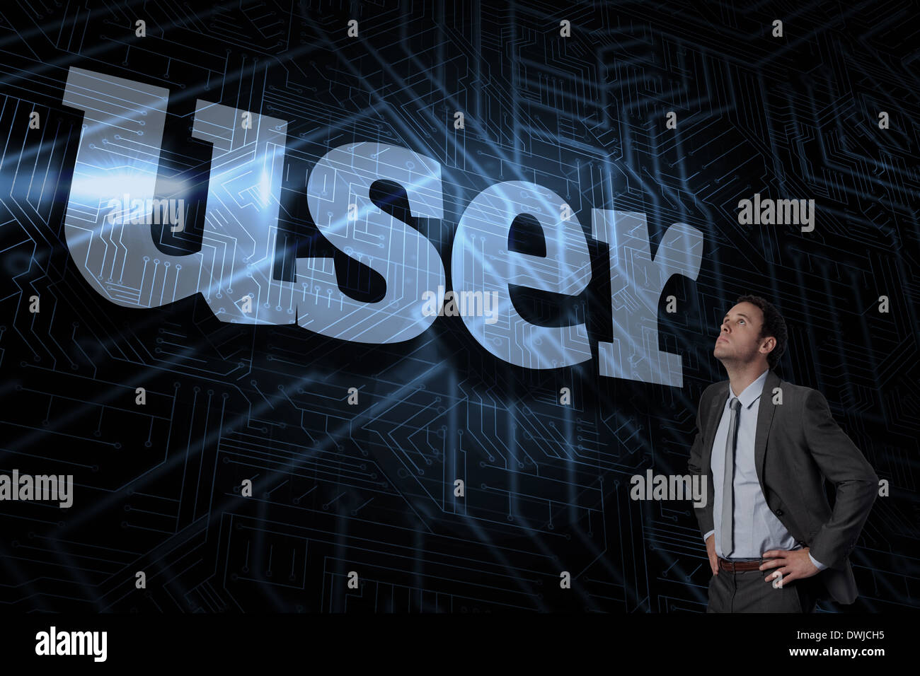 User against futuristic black and blue background Stock Photo - Alamy