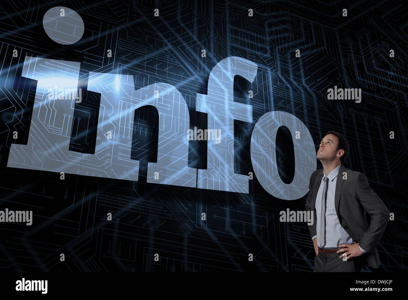 Info against futuristic black and blue background Stock Photo - Alamy