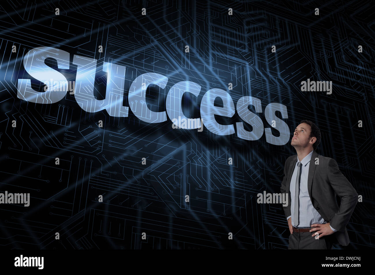 Success against futuristic black and blue background Stock Photo - Alamy