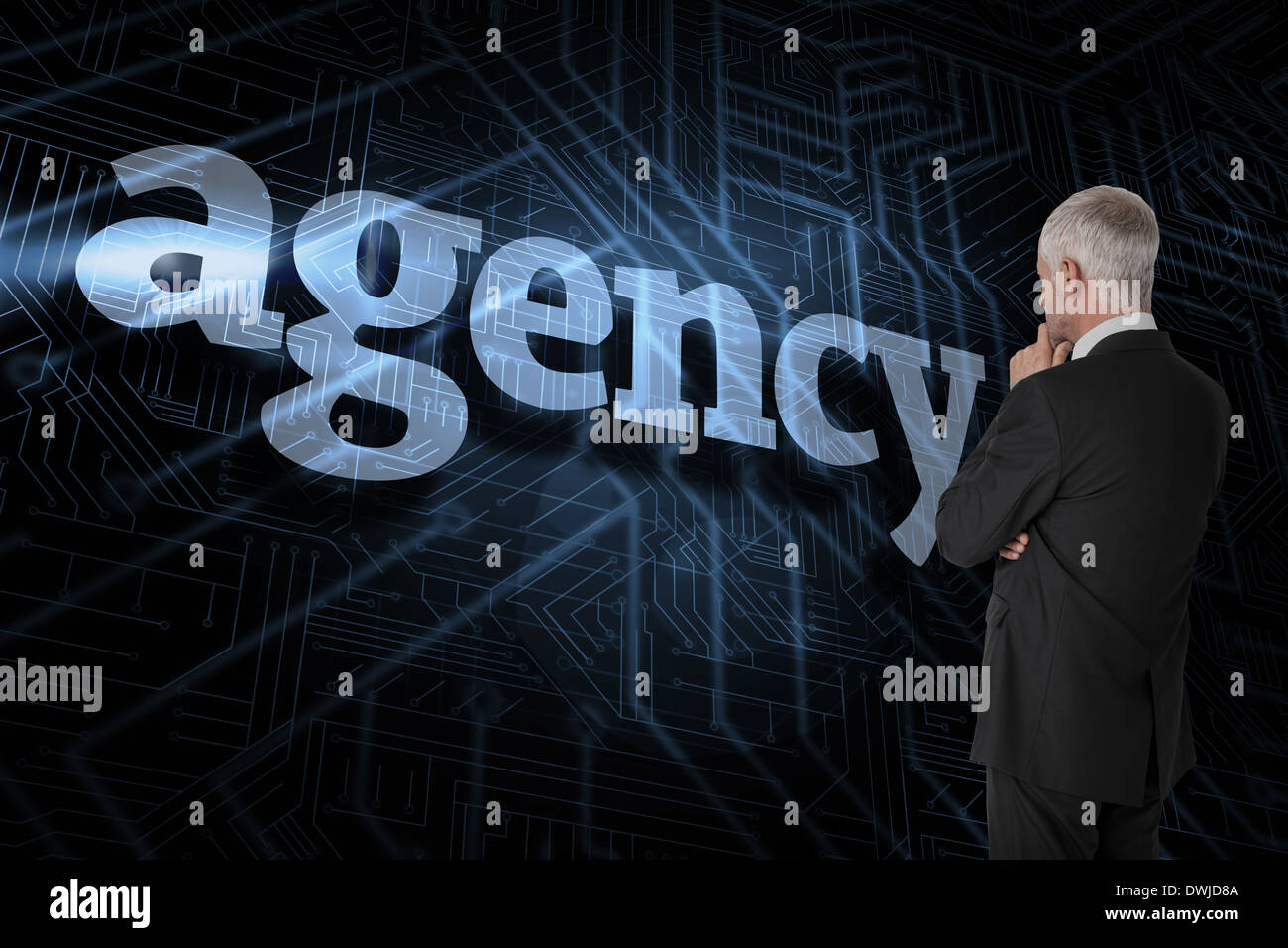 The word agency and thoughtful businessman standing back to camera ...