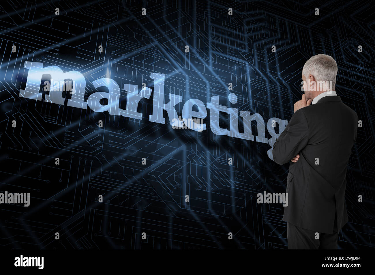 Marketing against futuristic black and blue background Stock Photo - Alamy